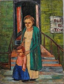 Ethel Rose Cutler (B. 1915) Lower East Side Yeshiva Tenement Signed Street Scene  Oil Painting
