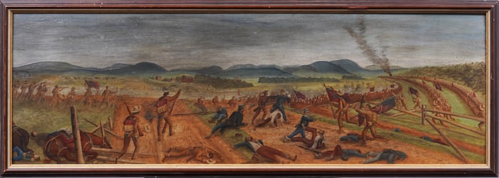 Large Antique American Military Battle Civil War Historic Landscape Framed Oil Painting