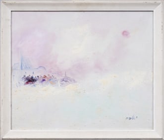 Vintage Signed American School Abstract Winter Landscape Framed Oil Painting