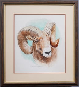 Vintage Signed Bighorn Sheep Western Animal Portrait Illustration Painting