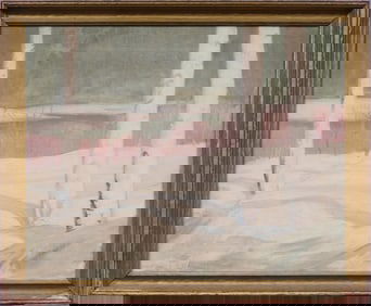 Antique American Winter Impressionist Framed Snow Landscape Signed Original Oil Painting