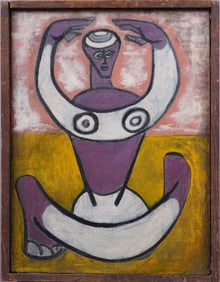 Antique Figurative Yoga Portrait Framed Modernist Abstract Oil Painting