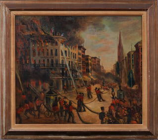 HISTORIC Antique American 19th Century Burning of Barnum's Museum New York Cityscape Oil Painting