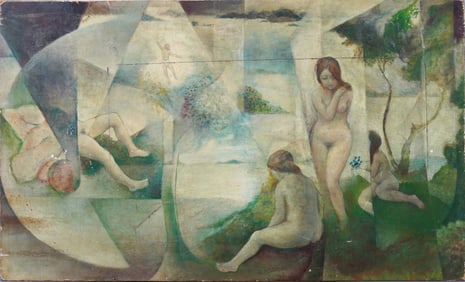 Aline Feldman (Born 1928) Vintage American School Cubist Nude Women Landscape Large Oil Painting