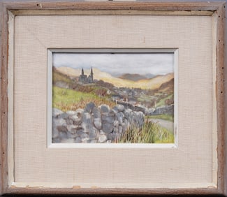Signed Auerbach Antique Irish Clifden Village Landscape Stone Wall Landscape Framed Oil Painting