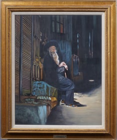 Vintage Jewish Realist Signed Rabbi Portrait Framed Oil Painting