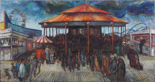 Tina Mackler Antique American Signed Female Modernist Coney Island Carousel Oil Painting