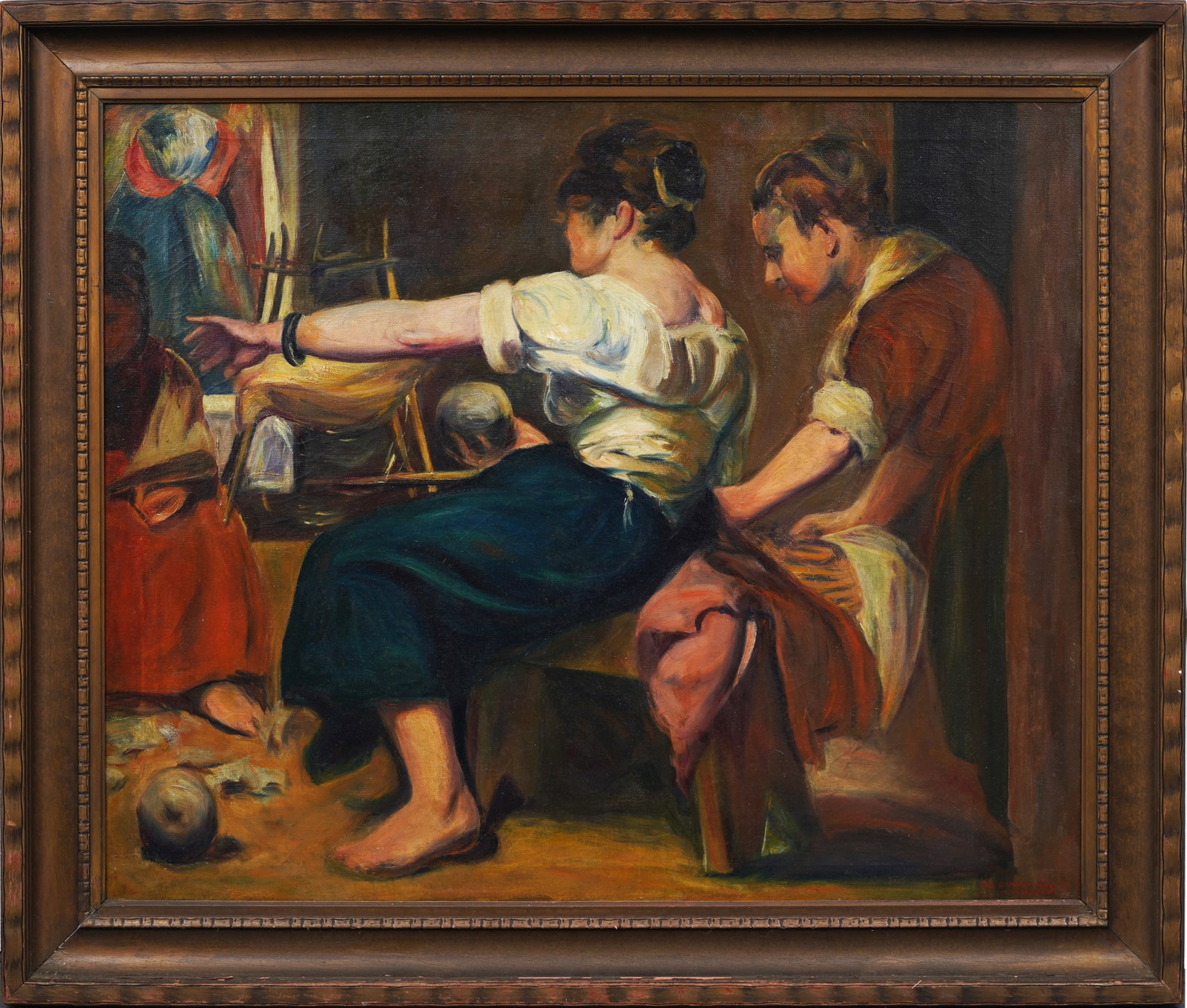 Harry James Oshiver (1888 - 1974) Modernist Women Sewing Interior Scene Framed Oil Painting: Antique American modernist oil painting by Harry James Oshiver (1888 - 1974). Oil on canvas. Signed. Framed. Measuring 40 by 47 inches overall and 32 by 39 painting alone. Please see all images for co