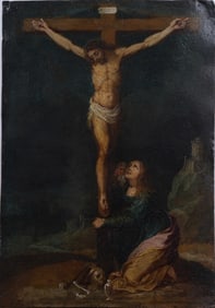Antique European Old Master Religious Jesus Christ on Cross Portrait Painting