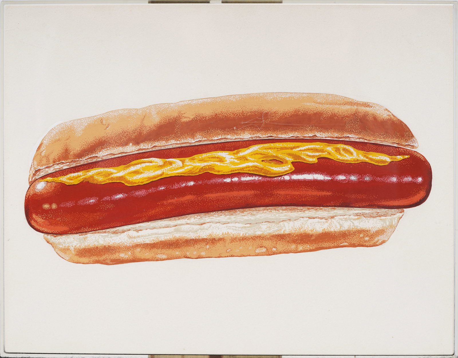 Vintage American School Modernist Pop Art Hot Dog Still Life Painting Claes Oldenburg School: Vintage American school modernist still life painting. Gouache and oil on paper. Framed in a plexiglass box. Measuring 9 by 11 inches. Please see all images for condition. Size is measured and written