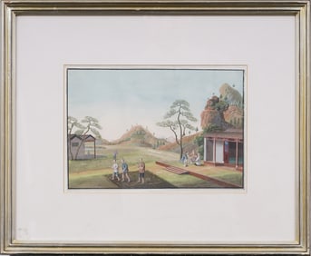 Antique Chinese Farm Landscape Original Gouache Framed Painting