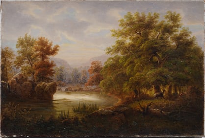 Antique American Hudson River School Deer Grazing Landscape 19th C Original Oil Painting