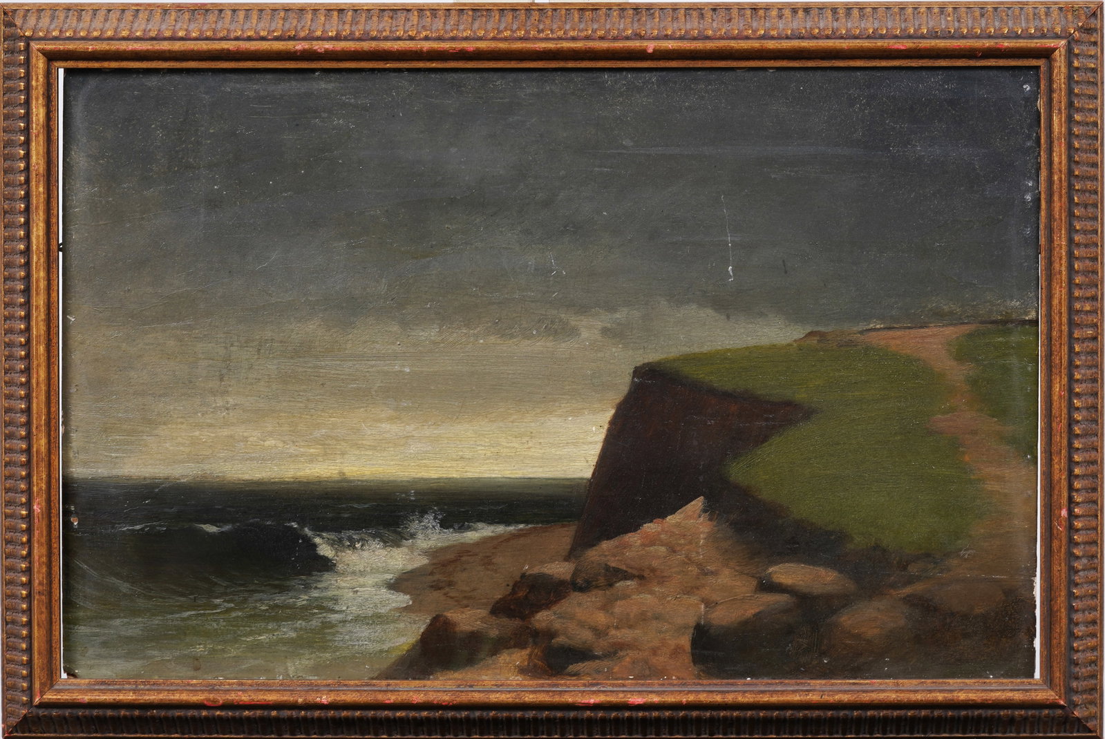 Antique American Hudson River School Coastal Seascape Framed Panoramic Original Oil Painting: Antique American Hudson River School coastal landscape oil painting. Oil on board. Framed. Measuring 14 by 21 inches overall and 12 by 18.5 painting alone. Please see all images for condition. Size is