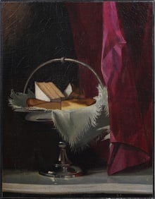 Antique American Trompe L'Oeil Cake Still Life Monogrammed Original Oil Painting