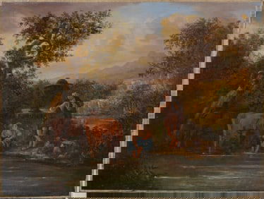 Antique 18th/19th Century European Landscape with Cows Grazing Original Oil on Canvas Painting