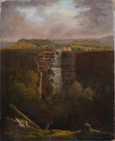 Antique American Hudson River School Waterfall Landscape Original Oil Painting