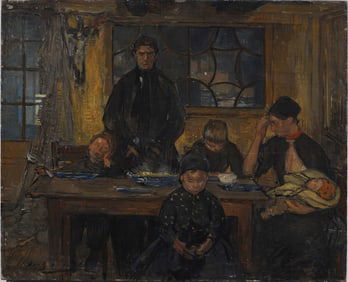 Important 19th Century Historic European Family Still Life Interior Scene Portrait Oil Painting