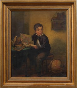 "The Little World Traveler" Antique American School Interior Scene Young Boy Portrait Oil Painting