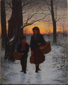 Samuel S. Carr (1837 - 1908) Antique American Sunset Winter Walk Signed Landscape Oil Paining