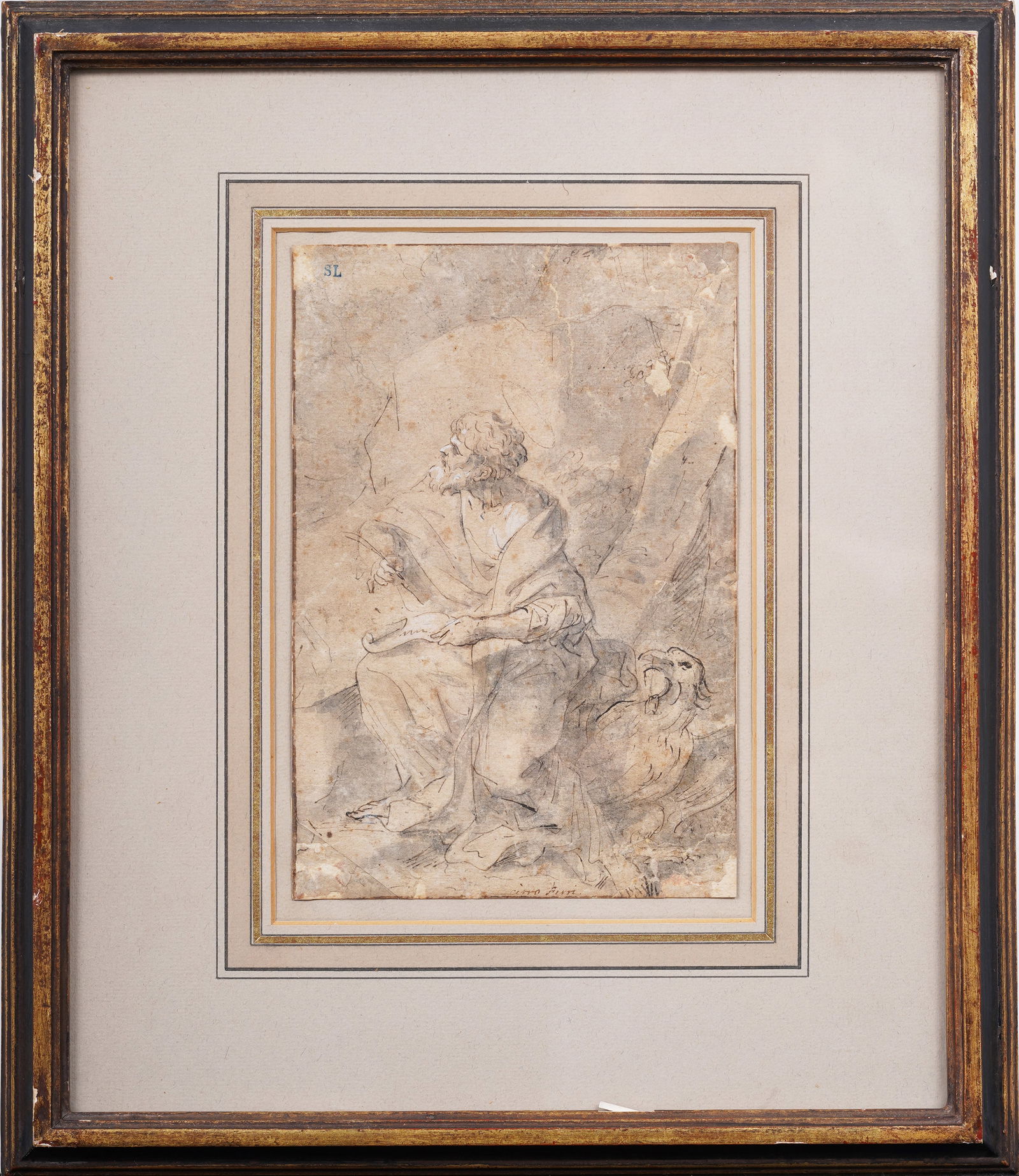Ciro Ferri (1634 - 1689) Antique Italian Signed Old Master Male Portrait with Eagle: Antique Italian old master portrait painting. Watercolor gouache on paper. Signed. Framed. Measuring 12 by 14 inches overall and 6 by 9 painting alone. Please see all images for condition. Size is mea