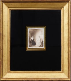 Circa 1830 Antique American School Miniature Watercolor Family Portrait Painting Lemon Gilt Frame
