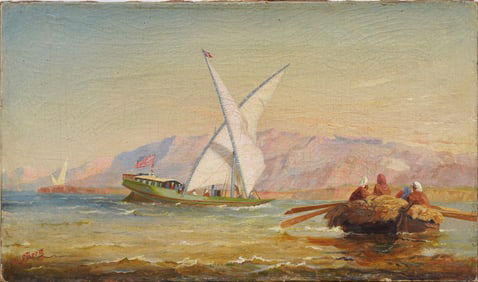 Antique American School Orientalist Seascape Sailboat Original Signed Oil Painting