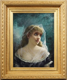 Antique Finely Framed Super Realist Pre Raphaelite Portrait of a Young Woman Oil Painting