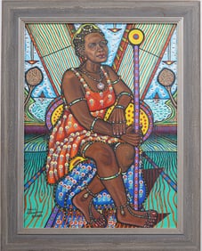Contemporary American School Modernist Black Woman Portrait Framed Oil Painting