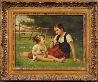 Superbly Painted Realist 19th Century Signed European Sisters Playing Butterfly Portrait Painting