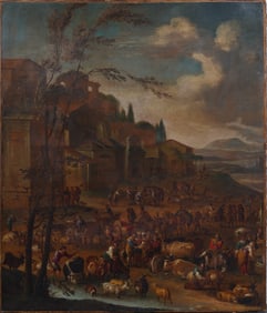 ATTR Jan Pieter van Bredael the Younger Large Flemish Super Detailed Old Master Town Market Painting