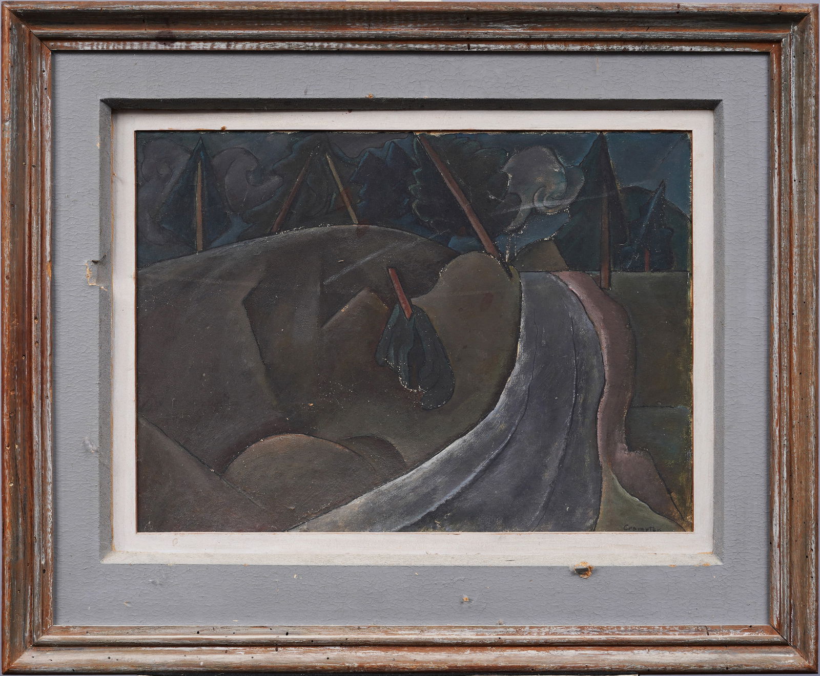 Vintage American School Modernist Abstract Cubist Signed Landscape Oil Painting (1 of 5)