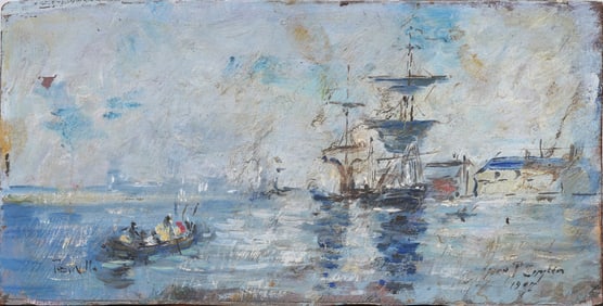 1907 Signed European Impressionist Seascape Antique Boating Scene Oil Painting