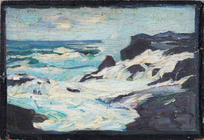 Antique American School Early Impressionist Crashing Surf Seascape Original Oil Painting
