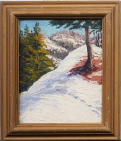 "Melting" Antique American Impressionist Snowy Winter Landscape Framed Original Oil Painting