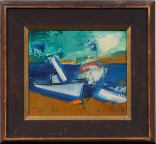 Antique American Modernist Seascape Cubist Composition Framed Painting Rudolph Galleries Provenance