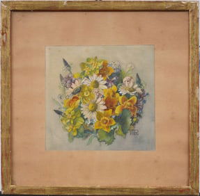 Antique American School Monogrammed Flower Still Life Framed Painting