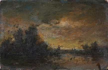 Antique American Hudson River School Tonalist Landscape Sunset Nocturnal Original Oil Painting