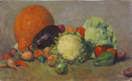 Finely Painted Antique American School Original Vegetable Fall Harvest Impressionist Oil Painting