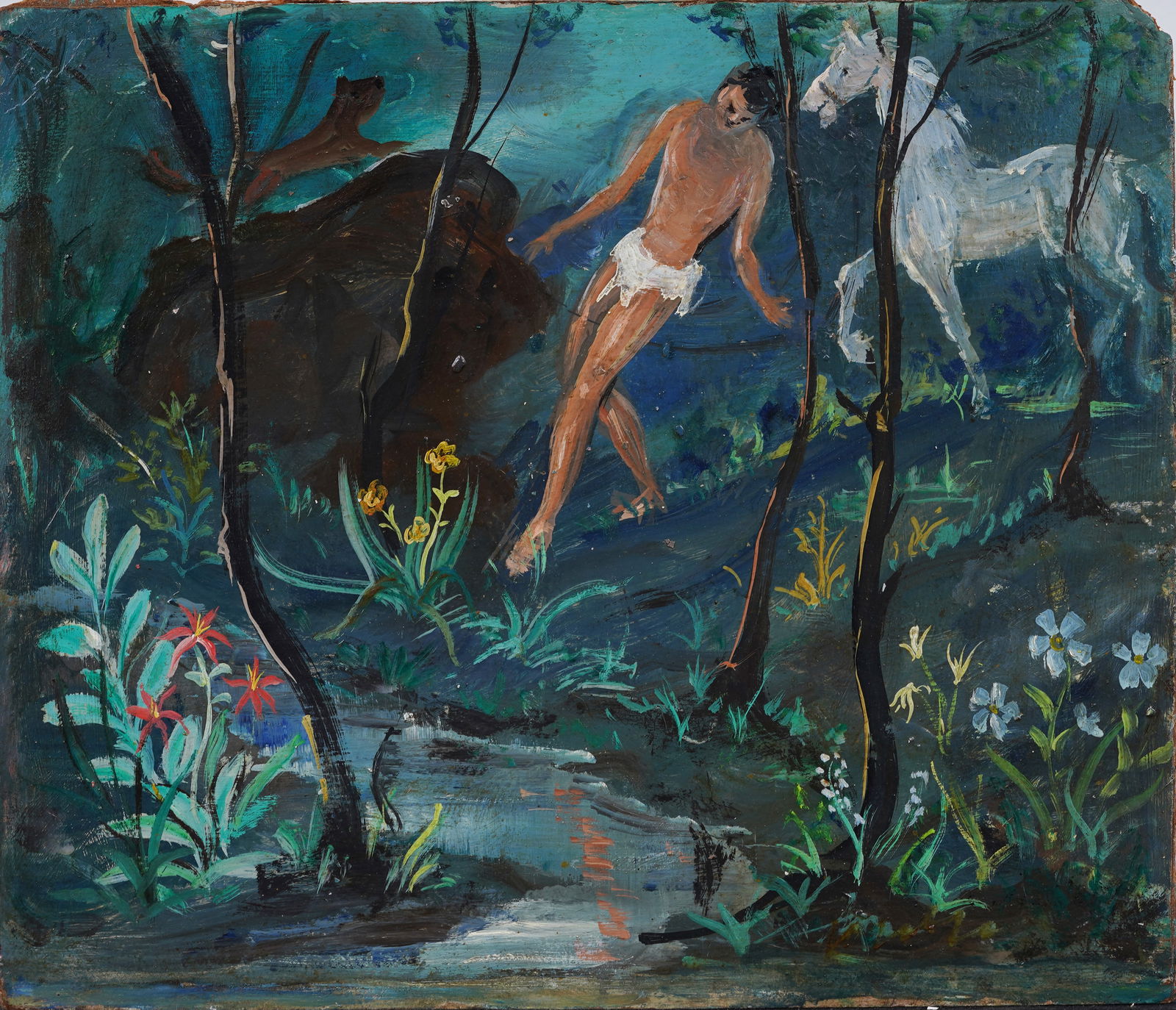 Antique American School Fauvist Horse Landscape Original Oil Painting (1 of 4)