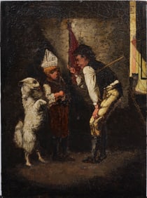 Antique European Dog Training Genre Scene Oil Painting