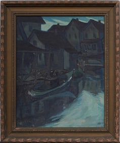 Antique American School Modernist Seascape Harbor View Framed New England Original Oil Painting