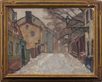 Antique American School Ashcan Winter Street Scene Signed Framed Original Oil Painting