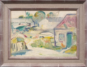 Vintage American School Fauvist Harbor Scene Abstract Framed Oil Painting