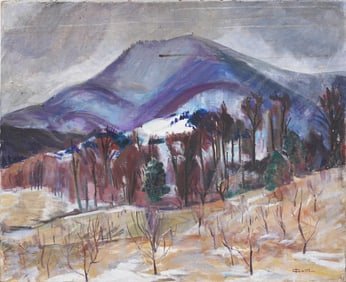 Vintage American Modernist Winter Landscape Signed Original Oil Painting