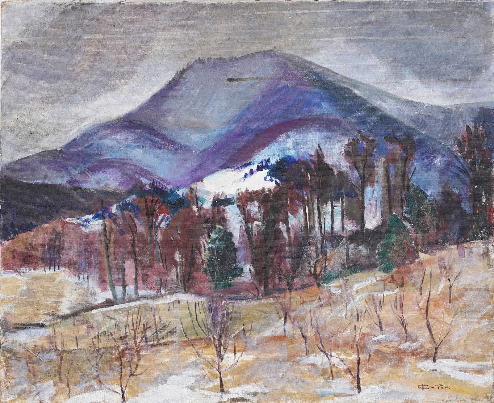 Vintage American Modernist Winter Landscape Signed Original Oil Painting (1 of 5)