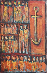 Unusual Antique American School Modernist Abstract Figural Large Oil Painting