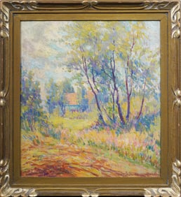 Antique American Impressionist Wild Flower Path Framed Signed Original Oil Painting