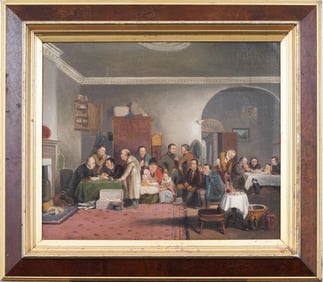 "Paying the Rent" Antique Irish Interior Scene Genre Framed Oil Painting