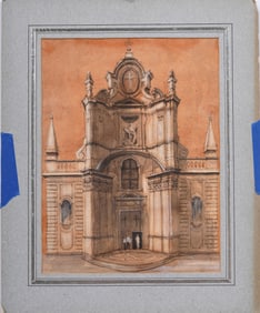 Antique Paris School Architectural Cityscape French Watercolor Painting