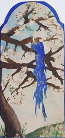 Antique Art Nouveau Peacock Portrait Landscape Painting